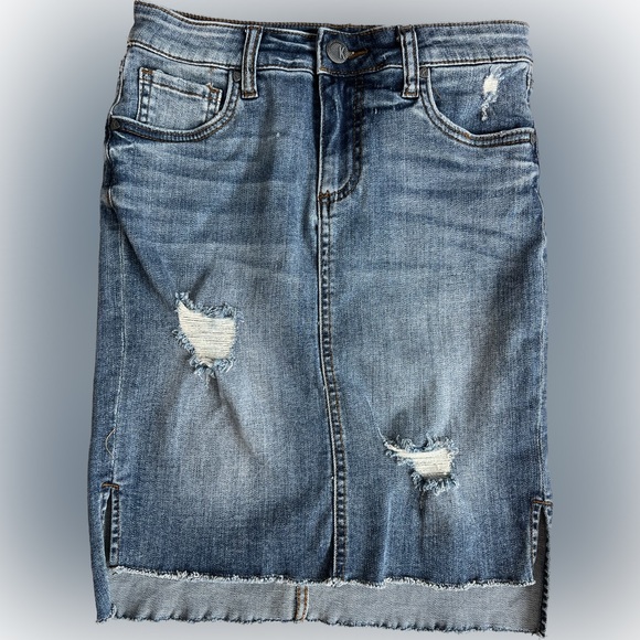 KUT from the Kloth Connie Skirt High Low Fray Hem Denim Jean Skirt Size 00 - Picture 4 of 16